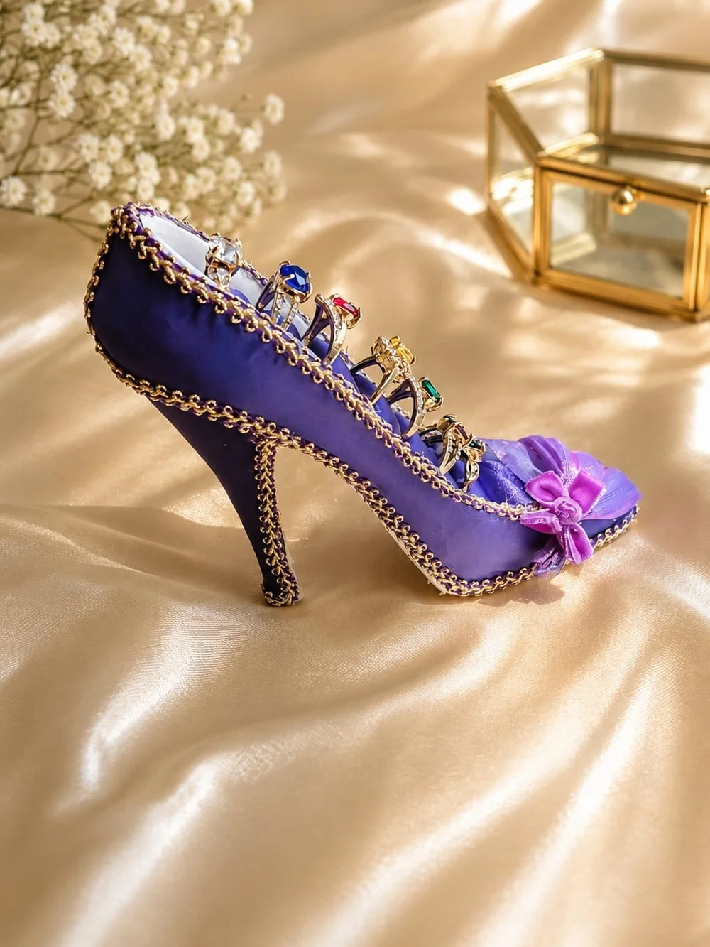Purple High Heel Shoe Ring Holder Display Organizer + 7 CZ Rings Set